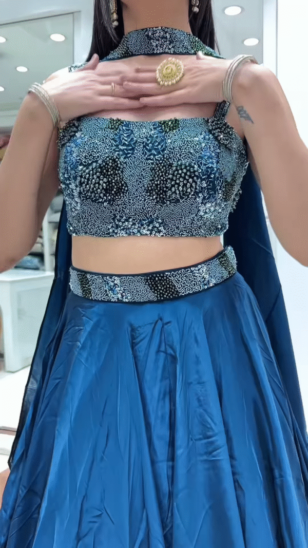 💙 Dazzling Teal Embellished Crop Top & Flowing Skirt Ensemble 🌊 - Image 2