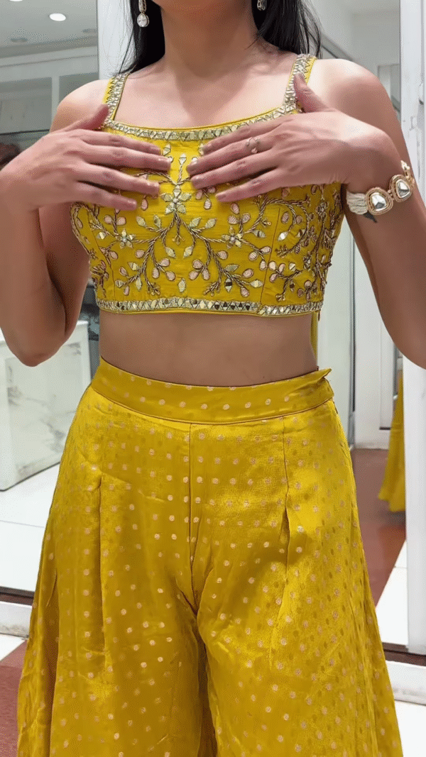 🌿 Ethereal Mint YELLOW Embellished Crop Top, Shrug & Pleated Palazzo Pants Set 💚 - Image 2