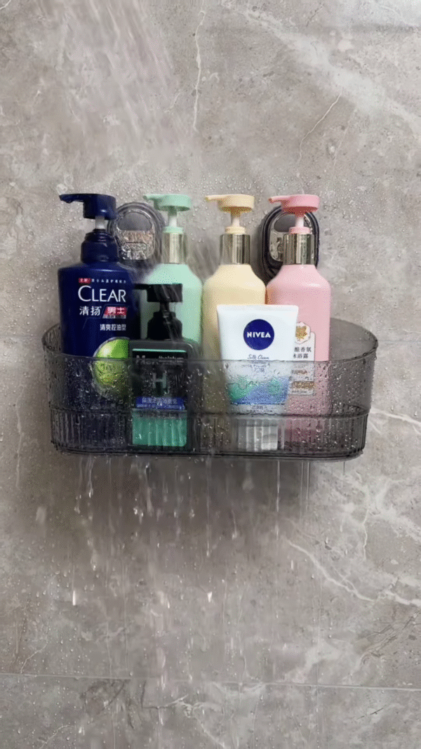 Wall-Mounted Bathroom Shelf with Four Pastel Bottles