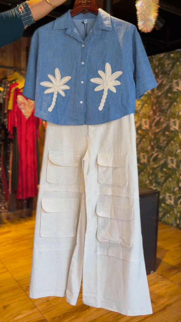 Casual Blue Top with Palm Tree Appliqués and Wide-Leg Pants