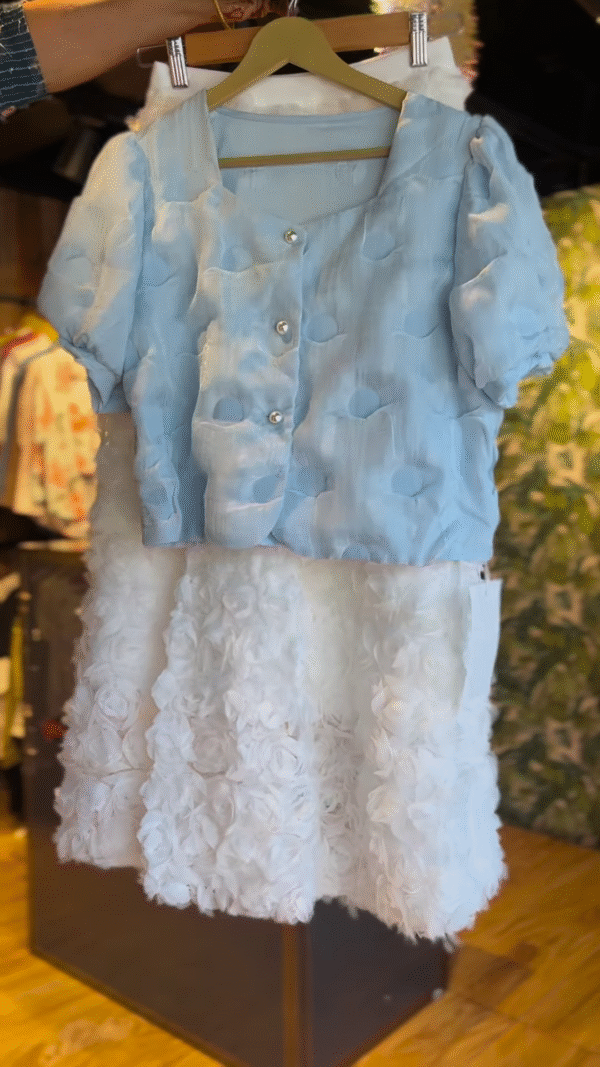 Ethereal Blue Floral Top and Textured White Skirt Set
