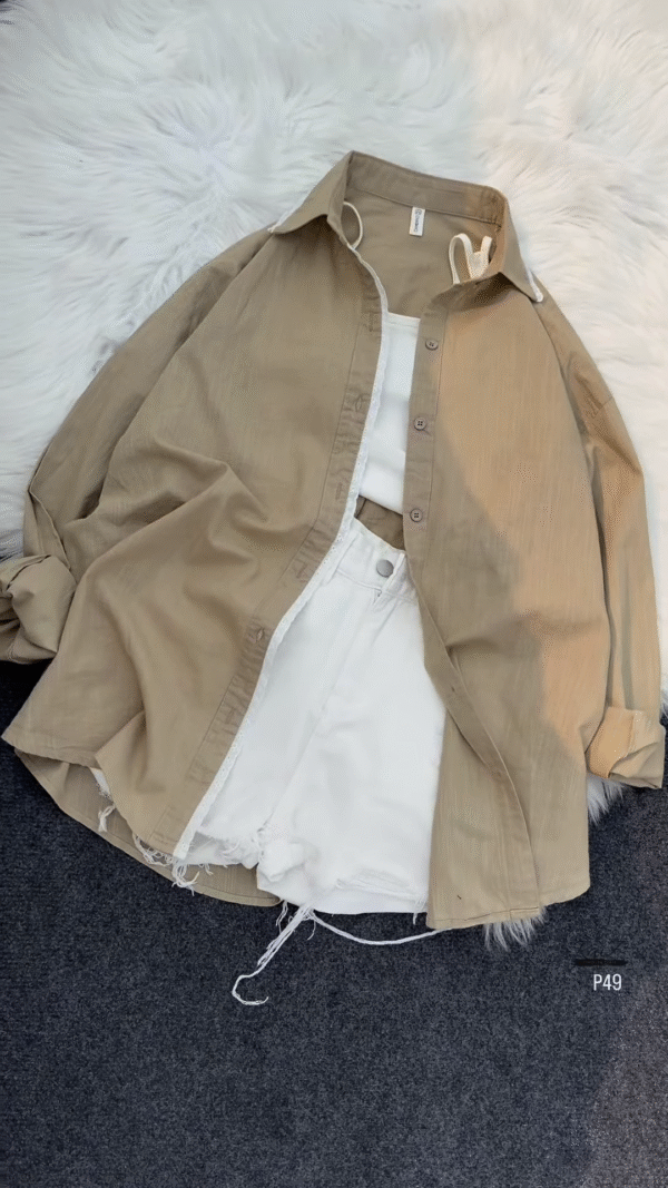 Relaxed Fit Tan Overshirt with White Tank and Shorts - Image 2