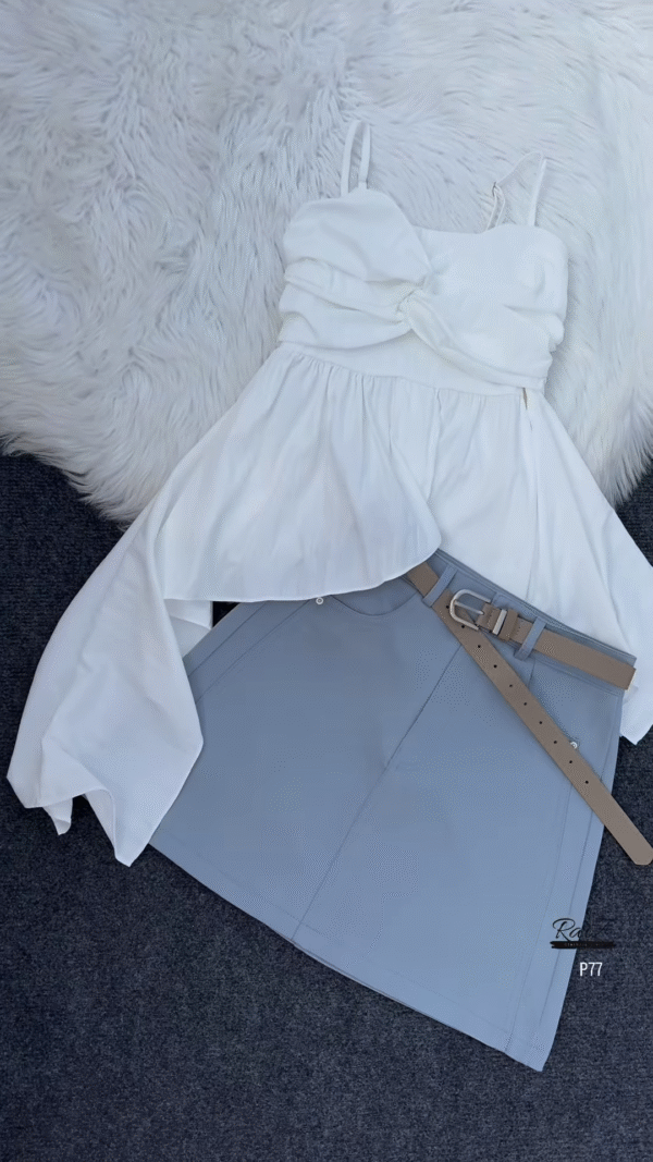 Flowing Pink Top with White Skirt and Tan Belt Ensemble - Image 3