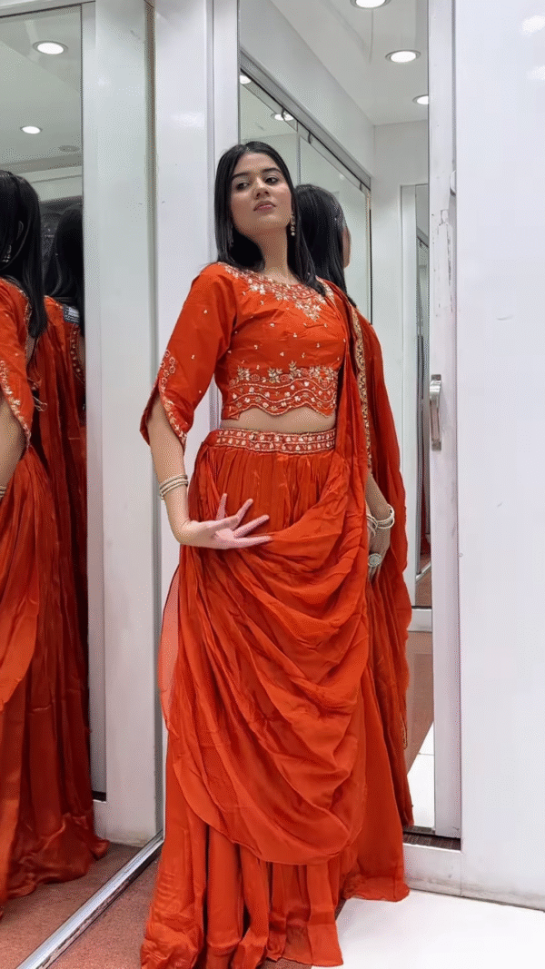 Vibrant Orange Draped Saree with Embellished Blouse - Image 2