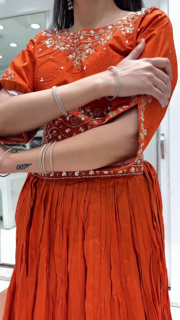 Vibrant Orange Draped Saree with Embellished Blouse - Image 3
