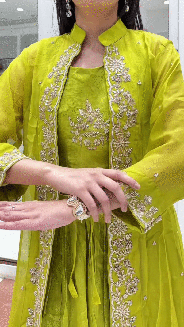 Vibrant Lime Green Embroidered Three-Piece Palazzo Set - Image 2