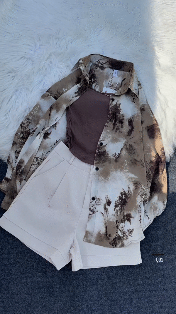 Dark Floral Overshirt with Light Tank and Tailored Shorts - Image 2