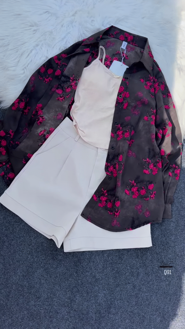 Dark Floral Overshirt with Light Tank and Tailored Shorts - Image 3