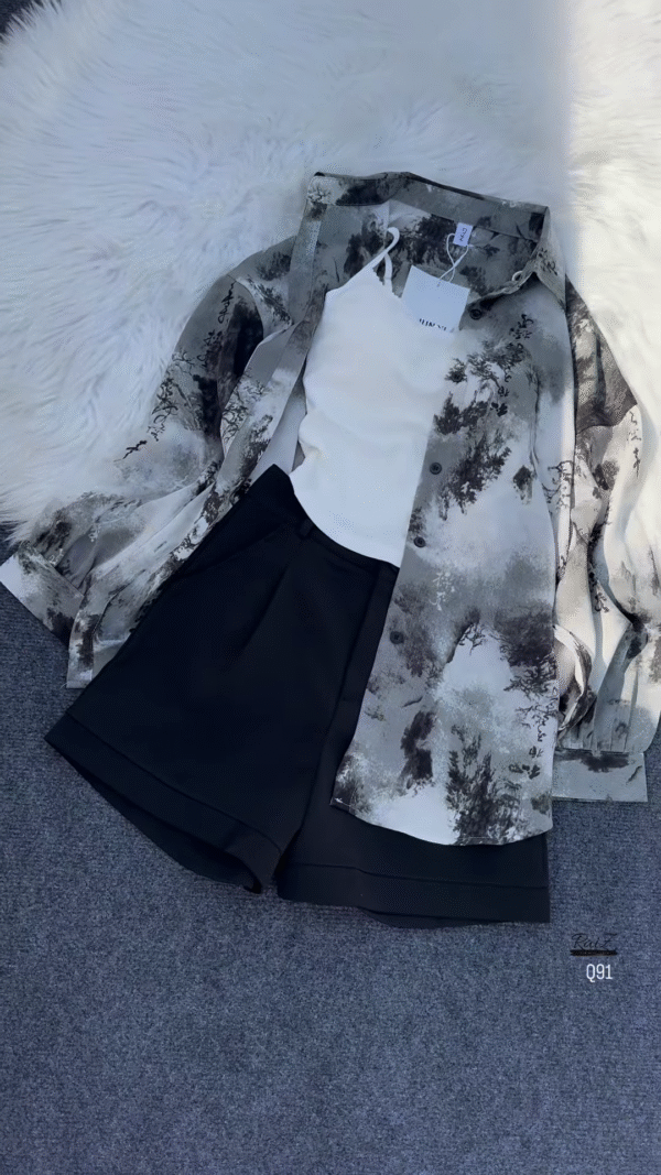 Dark Floral Overshirt with Light Tank and Tailored Shorts - Image 4
