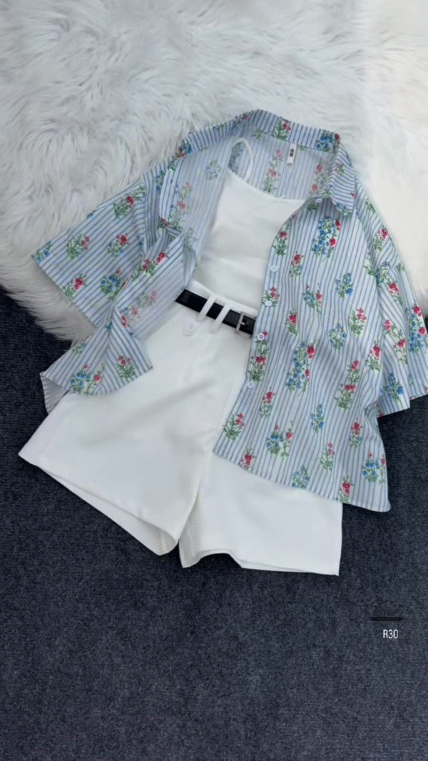Striped Floral Shirt with White Tank and Belted Shorts Set - Image 2
