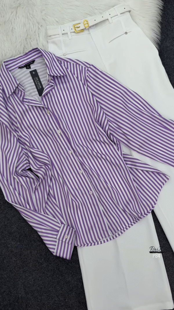 Purple and White Striped Shirt with White Wide-Leg Trousers - Image 2