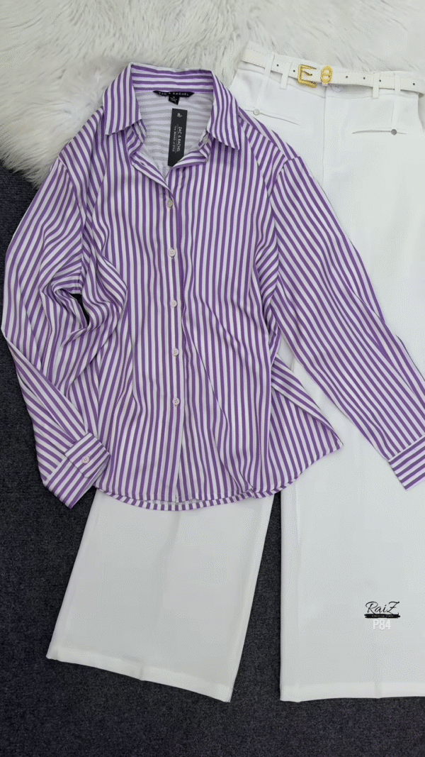 Purple and White Striped Shirt with White Wide-Leg Trousers - Image 3