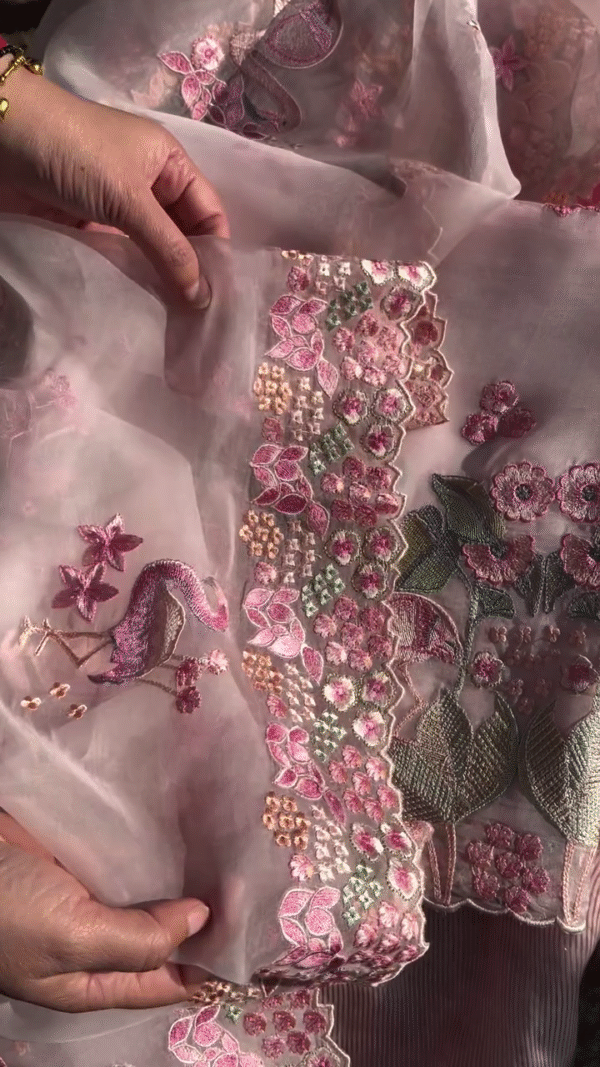 Delicate Pink Fabric with Embroidered Flamingos and Florals - Image 2