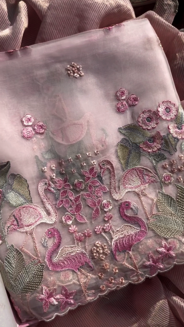 Delicate Pink Fabric with Embroidered Flamingos and Florals - Image 3