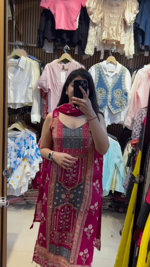 Stylish Maroon and Teal Ethnic Dress with Scarf - Image 3