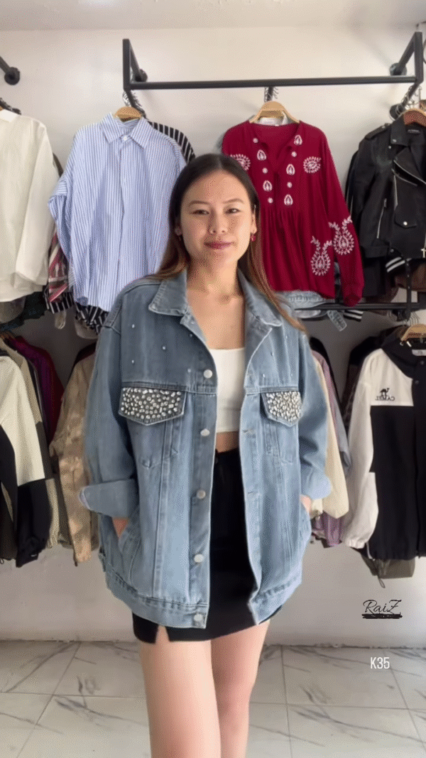 Embellished Oversized Denim Jacket – Edgy & Chic