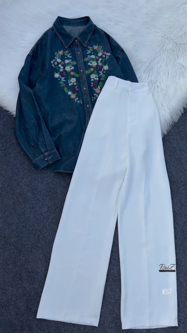 Embroidered Denim Shirt with White Wide-Leg Pants – Classic & Elegant - Image 2