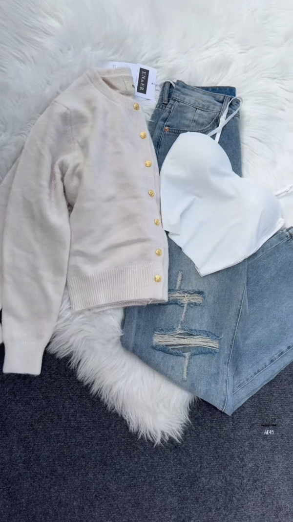 💙 Enfir Pop: Gold-Button Cardigan & Distressed Denim Set - Image 7