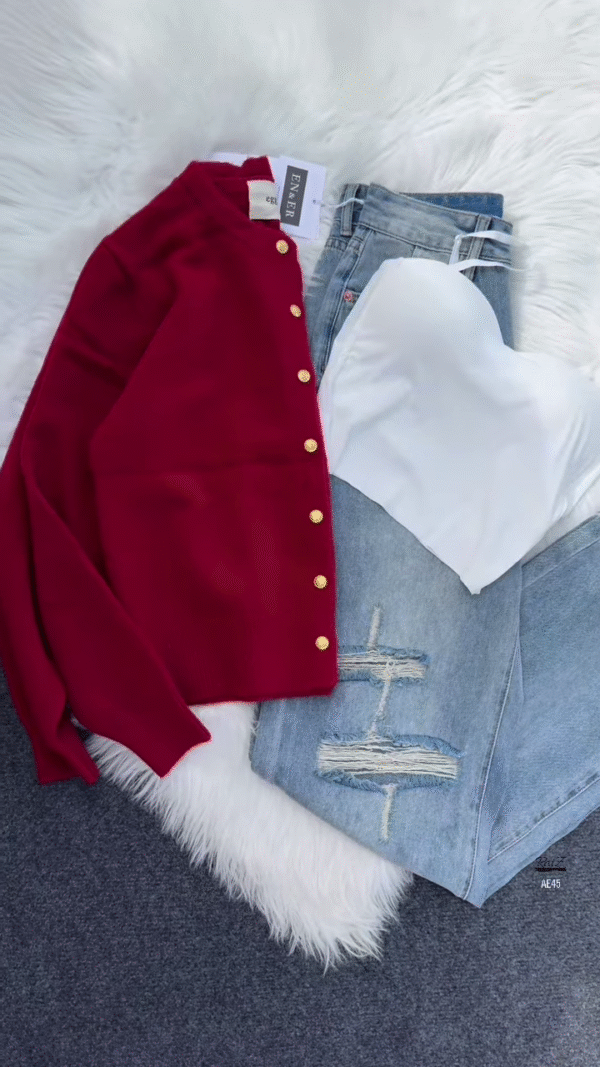 💙 Enfir Pop: Gold-Button Cardigan & Distressed Denim Set - Image 11