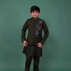 Elegant Dark Green Embroidered Kurta Set – Festive Royal Charm for Boys
