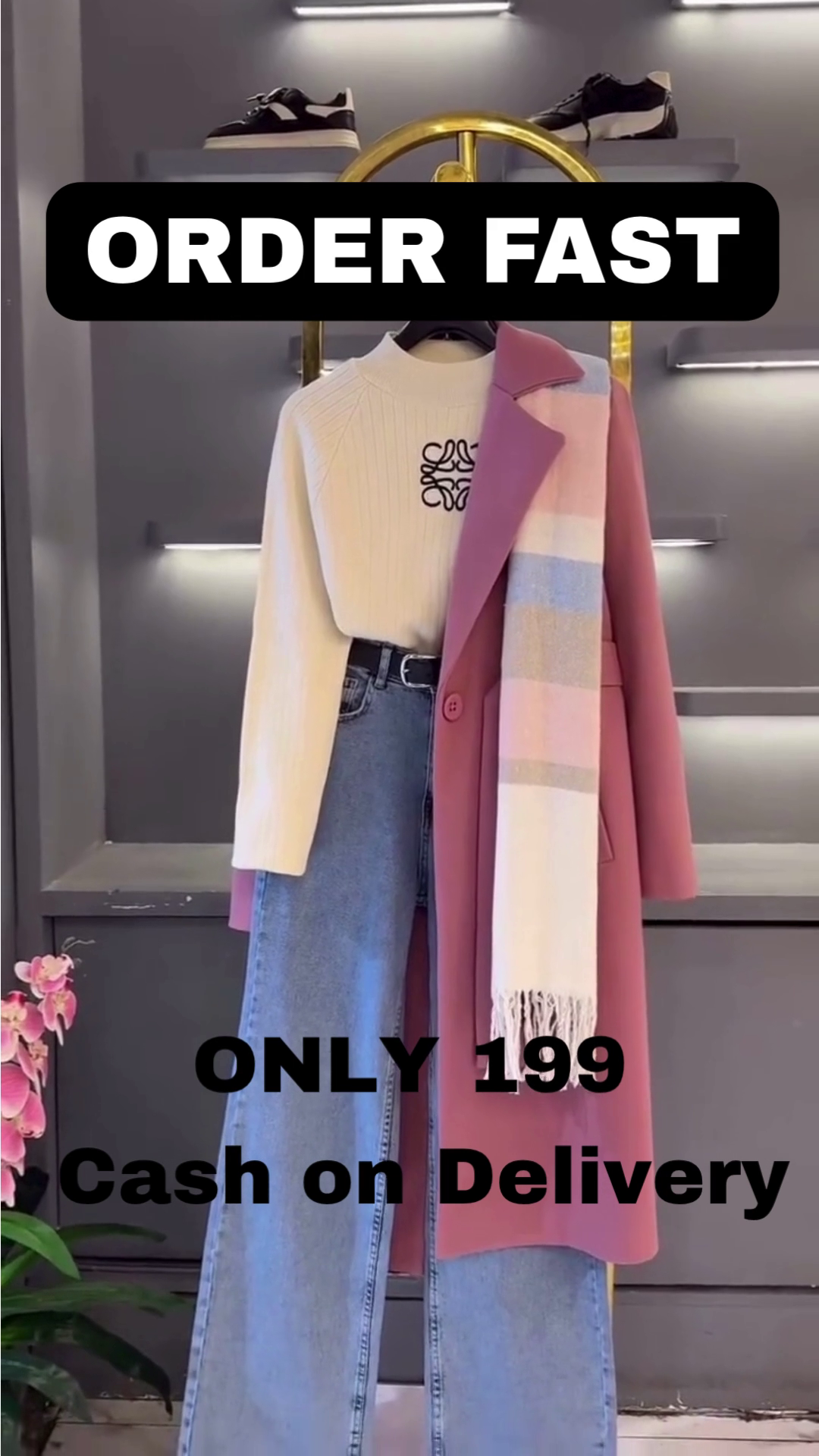 Chic Winter Layered Look – Cozy Pink Coat with Classic Denim - Image 2