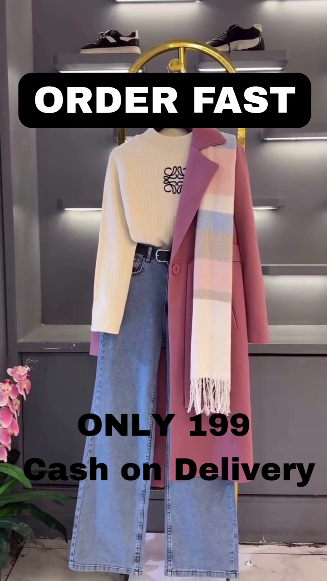 Chic Winter Layered Look – Cozy Pink Coat with Classic Denim - Image 6