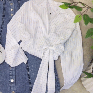 Chic Everyday Style – Striped Wrap Top with Denim Skirt