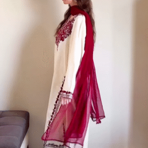 Ivory & Crimson Elegance – Classic Embroidered Kurta Set