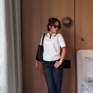 Classic Polo Chic – Minimal White Tee with Flared Denim