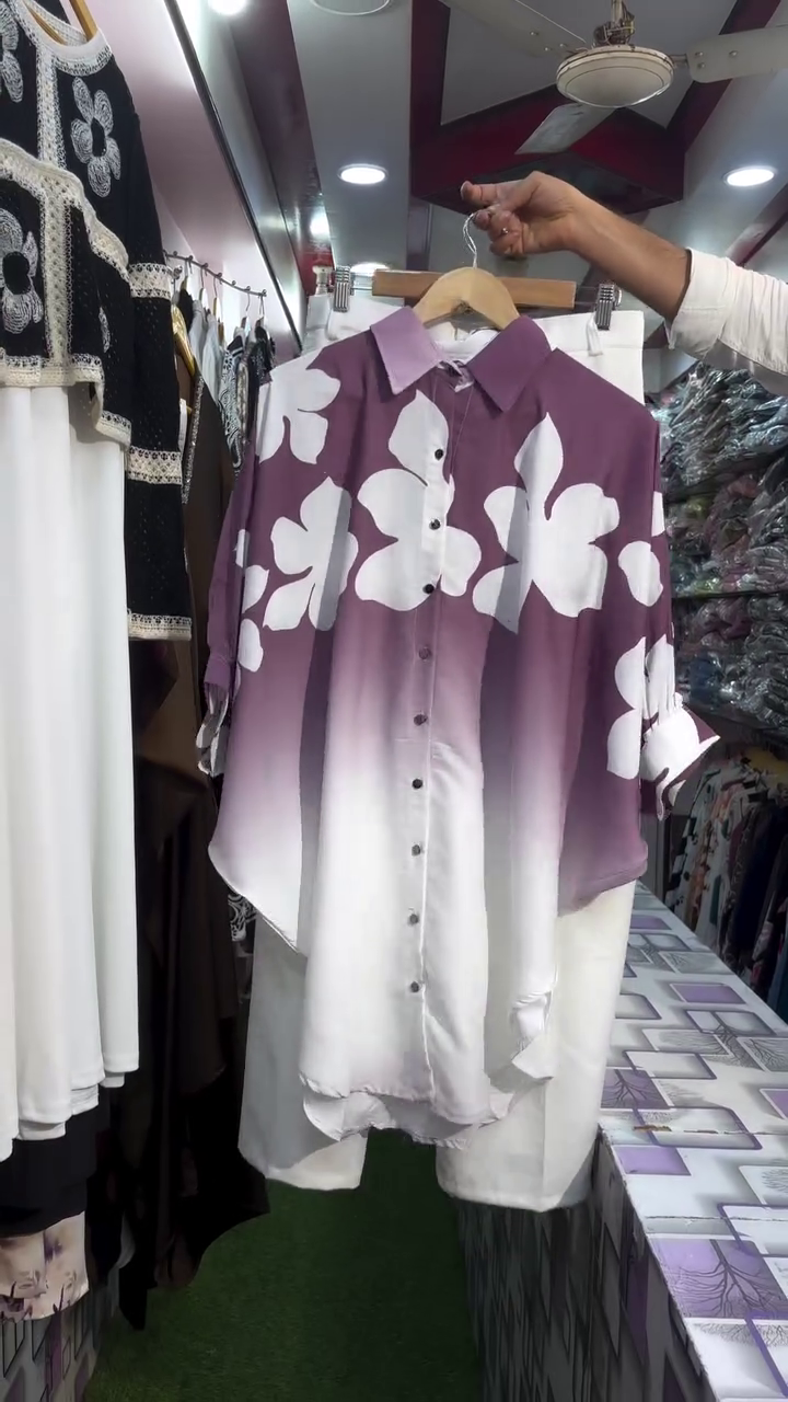 Purple Ombre Floral Shirt Set – Soft & Elegant Casual Look