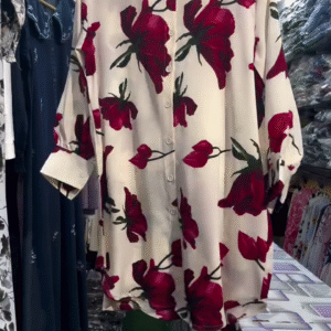 Cream Long Shirt with Bold Red Floral Print – Statement Casual Wear