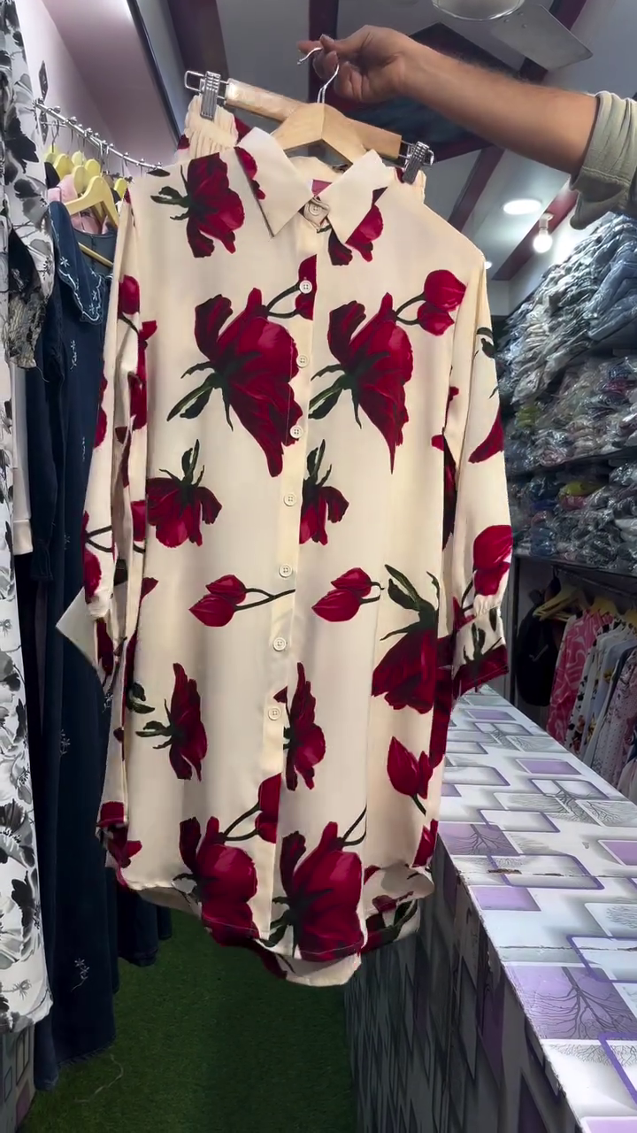 Cream Long Shirt with Bold Red Floral Print – Statement Casual Wear - Image 7