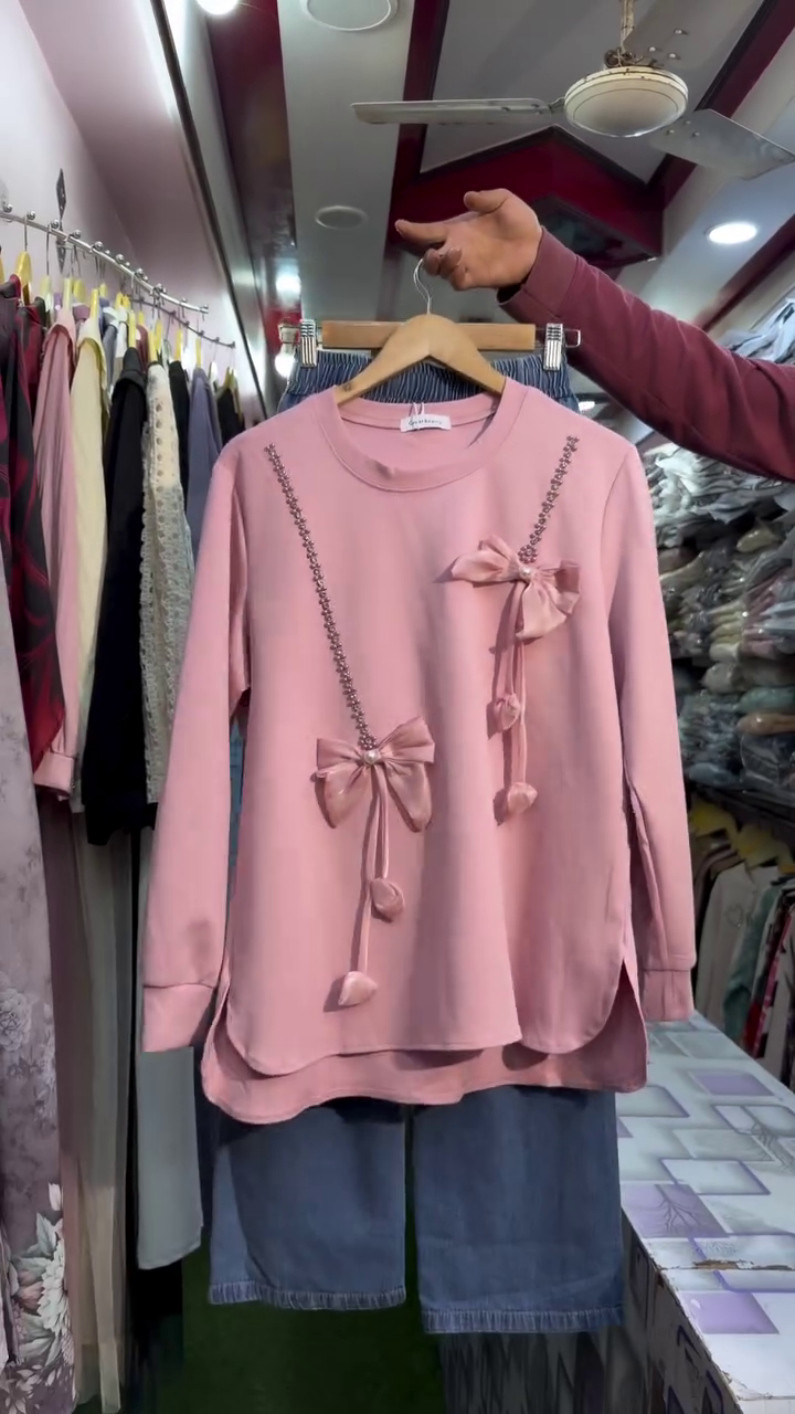 Cute Pink Bow Detail Sweatshirt Set – Stylish Casual Comfort