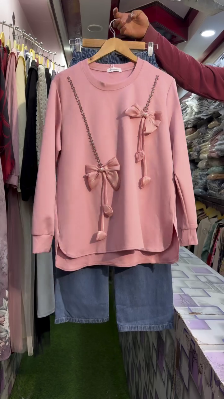 Cute Pink Bow Detail Sweatshirt Set – Stylish Casual Comfort - Image 7