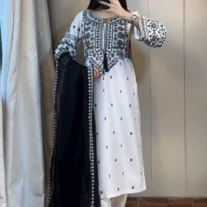 Elegant White & Black Embroidered Suit – Classic Timeless Grace