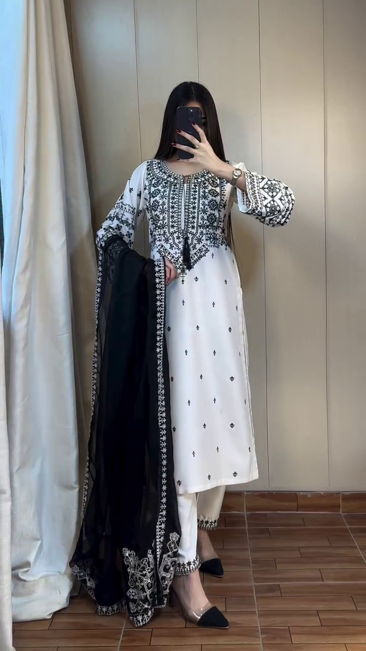 Elegant White & Black Embroidered Suit – Classic Timeless Grace