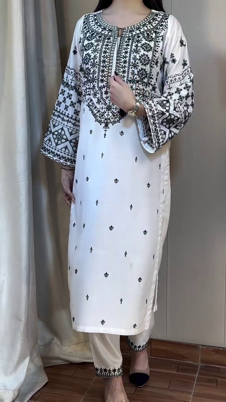 Elegant White & Black Embroidered Suit – Classic Timeless Grace - Image 6