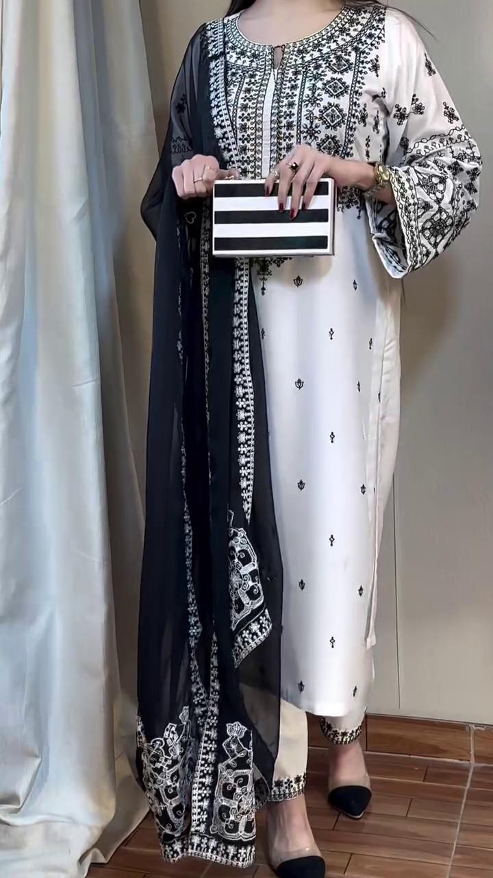 Elegant White & Black Embroidered Suit – Classic Timeless Grace - Image 3