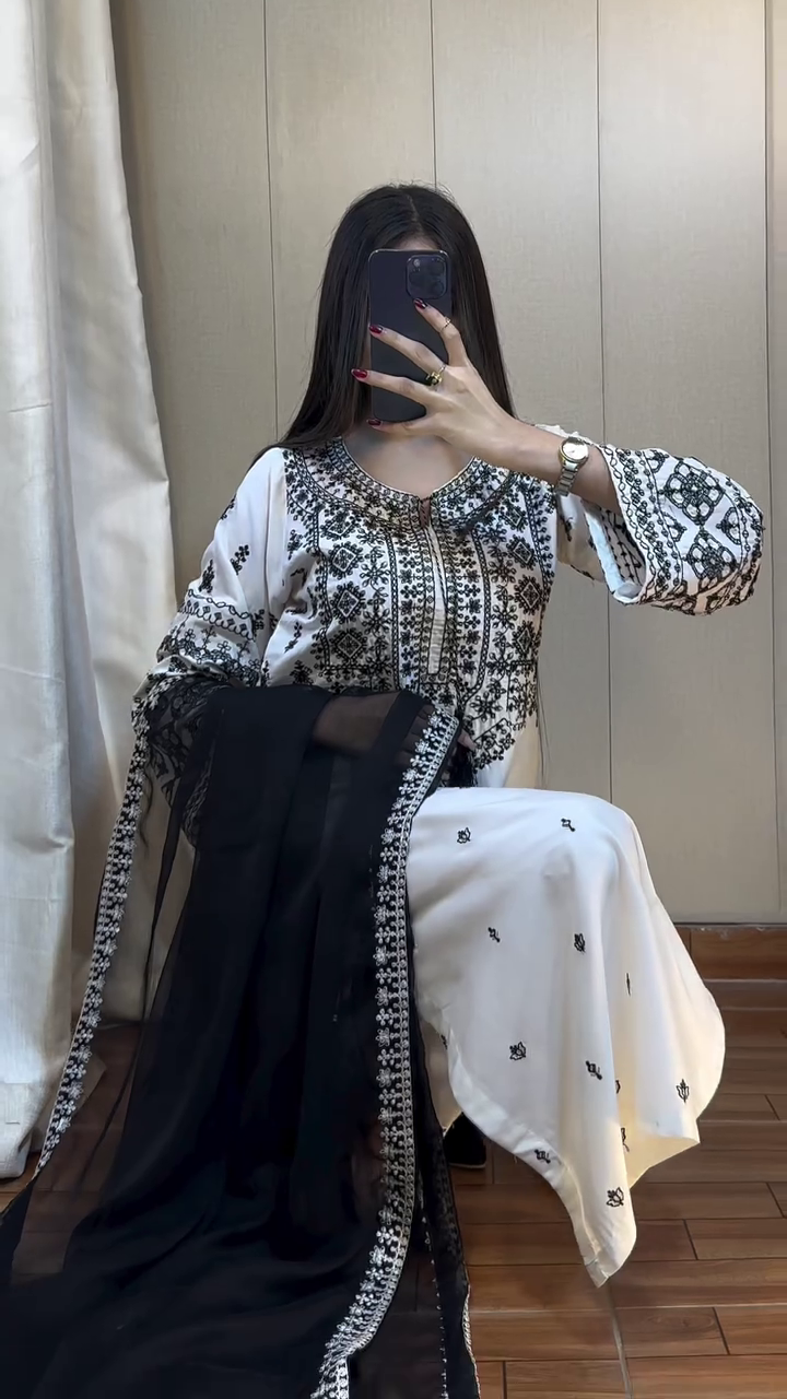 Elegant White & Black Embroidered Suit – Classic Timeless Grace - Image 2