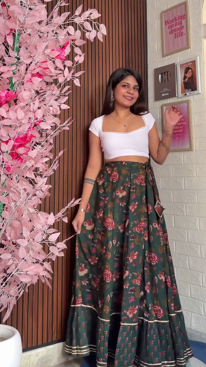 Chic White Top with Pink Printed Flared Skirt - Image 3