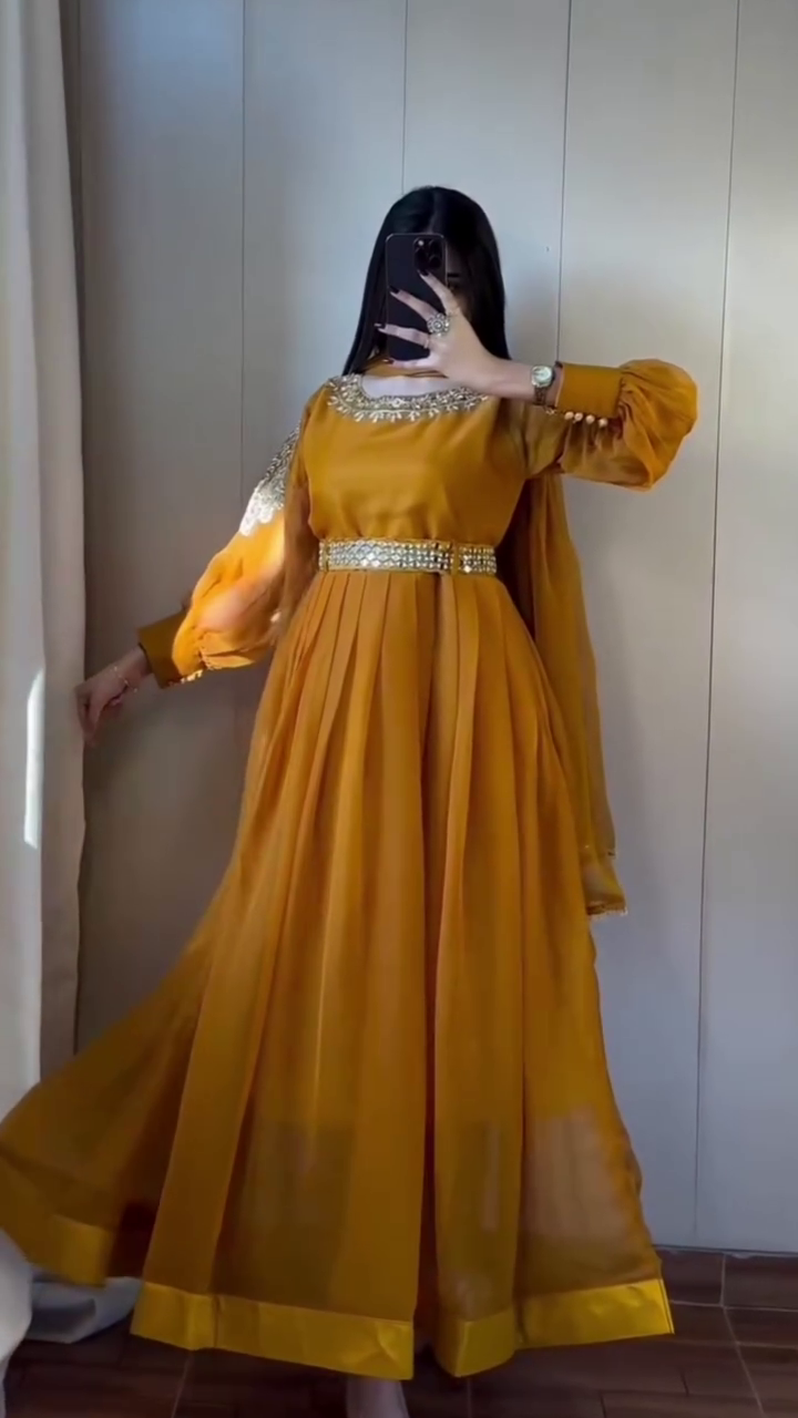 Royal Mustard Embroidered Anarkali with Statement Belt - Image 3