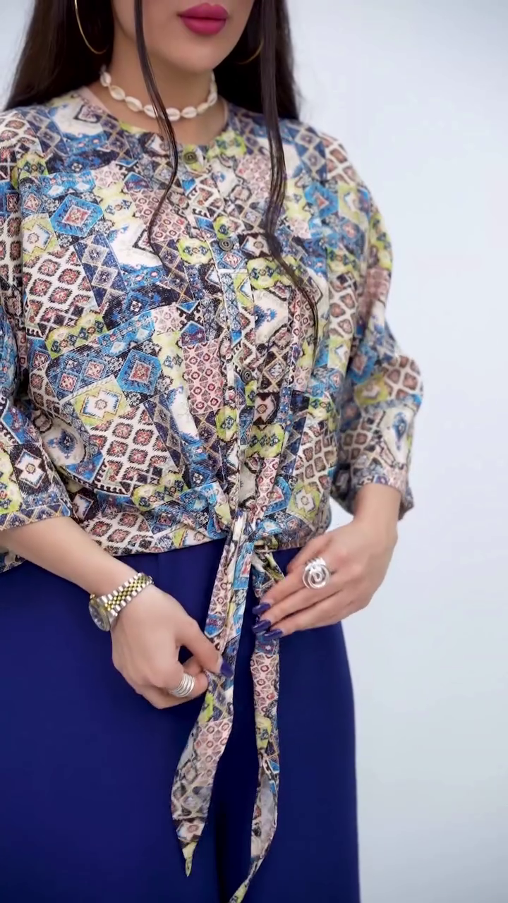 Artistic Printed Top with Front Tie Detail - Image 6