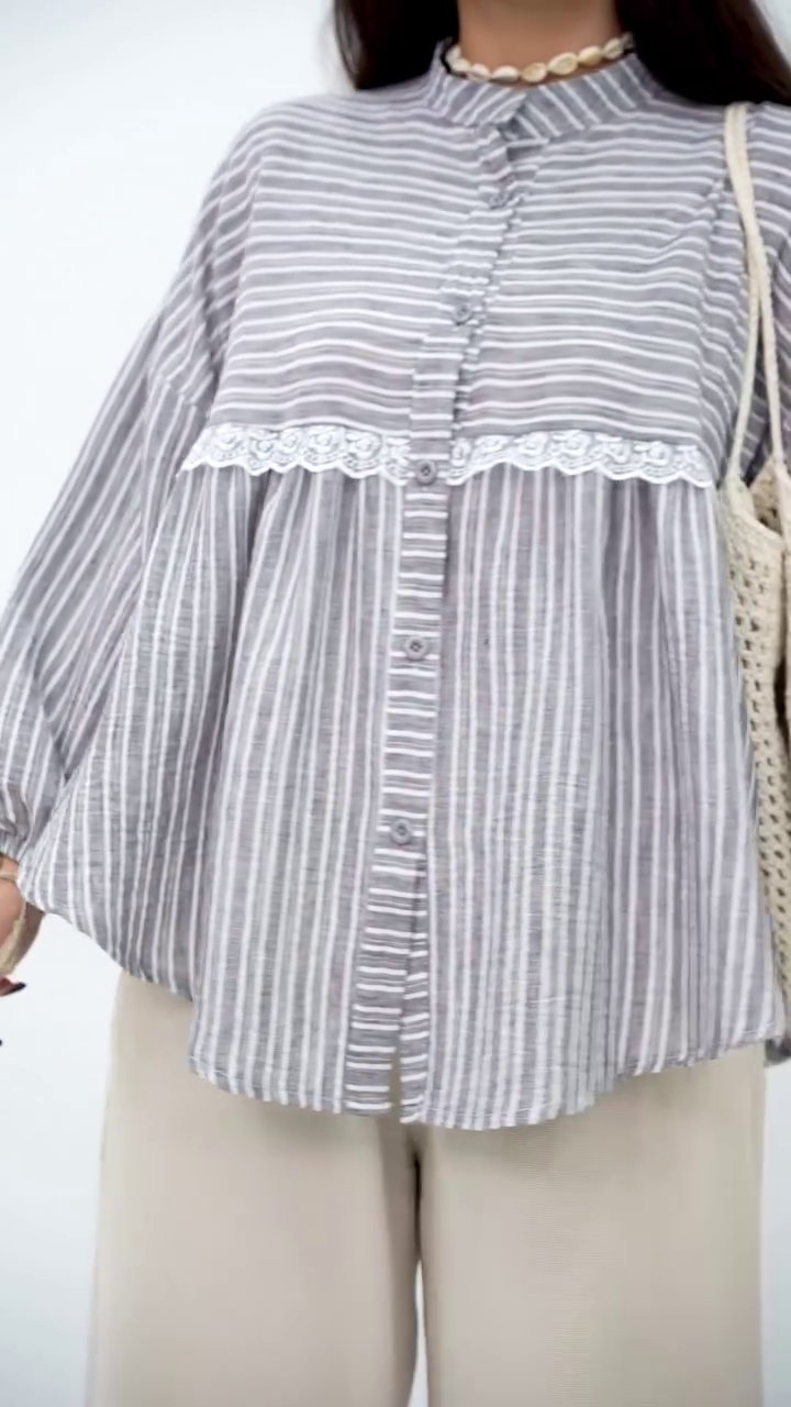 Grey Striped Button-Down Top with Lace Accent