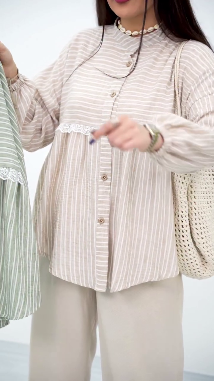 Grey Striped Button-Down Top with Lace Accent - Image 8