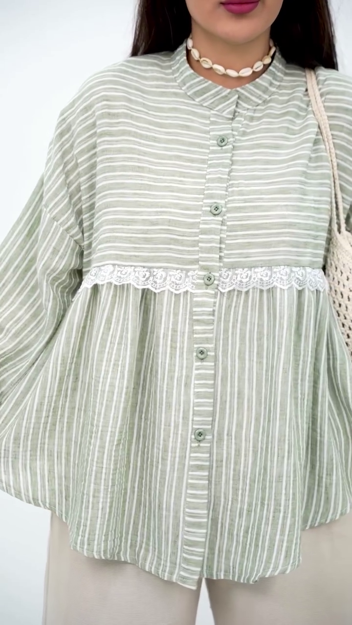 Grey Striped Button-Down Top with Lace Accent - Image 7