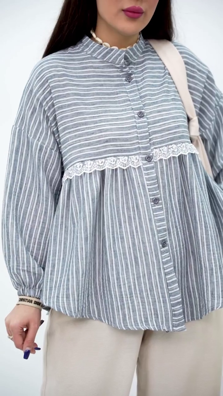 Grey Striped Button-Down Top with Lace Accent - Image 4