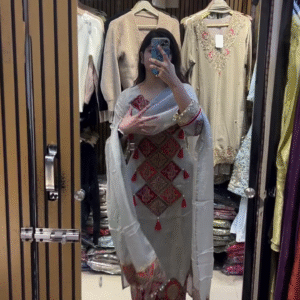 Beige and Red Traditional Suit – Festive Elegance with Classic Embroidery