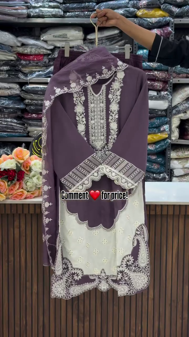 Elegant Mauve Palazzo Set with Sheer Embroidered Overlay - Image 2