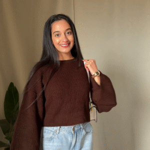 Chic Brown Knit Sweater with Casual Denim Look