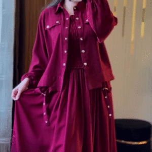 Chic Maroon Layered Dress with Casual Shirt Jacket